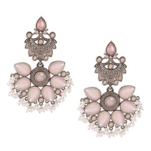 pearls pink silver oxidised stones & beads traditional dangle earring for women zpfk16702